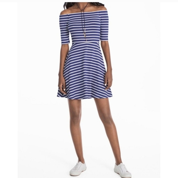 White House Black Market Off The Shoulder Striped Dress Blue White size Medium - Picture 2 of 16
